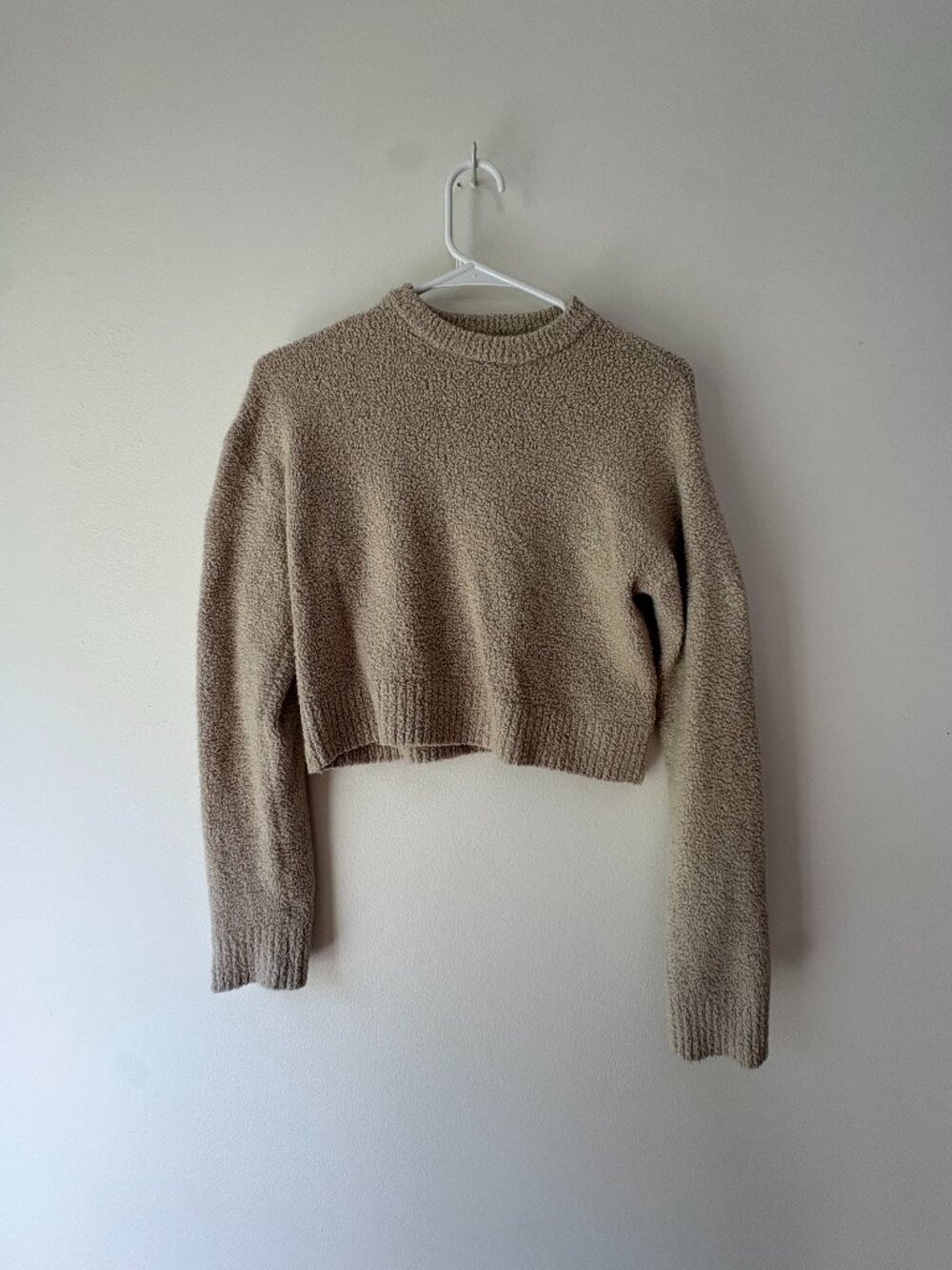 Zara Cropped Bouclé Popcorn Knit Crewneck Pullover Sweater Tan / Beige - Girls13